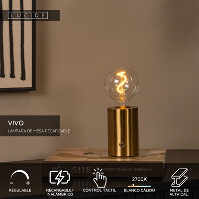 Lucide VIVO - Lámpara de mesa Recargable - Batería/acumulador - Ø 8 cm - LED Regul. - E27 - 1x1W 2700K - Oro mate / Latón
